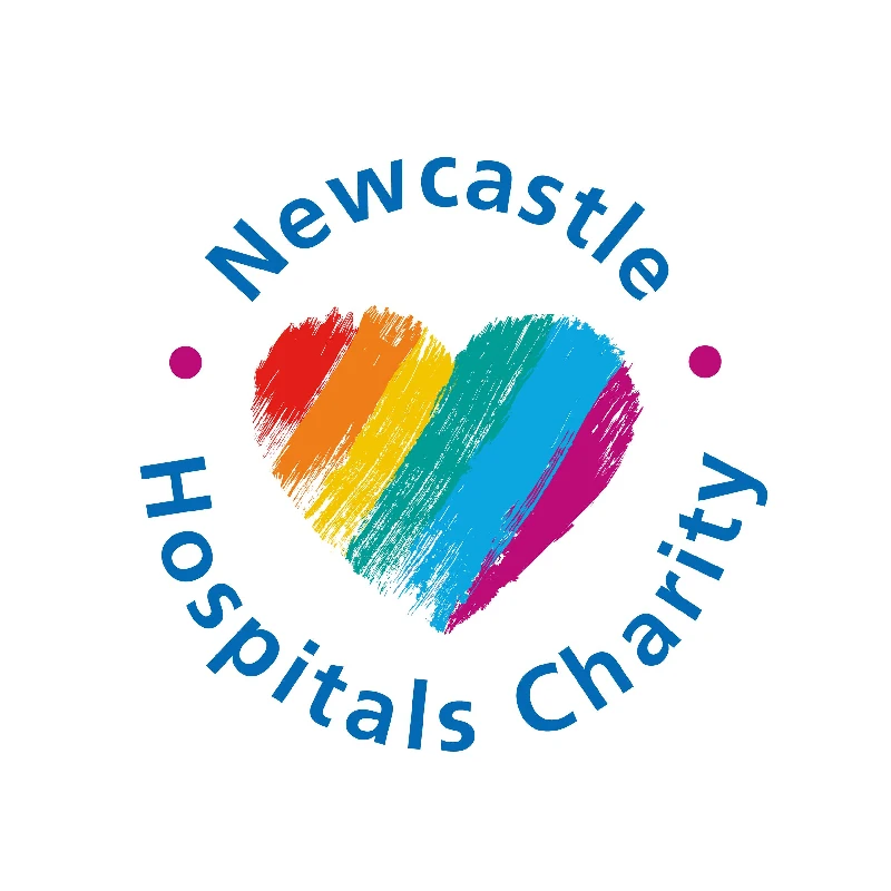 The words Newcastle Hospitals Charity in blue surrounding a rainbow coloured heart logo